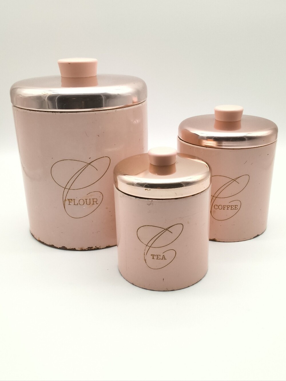 Vintage 1950s MCM Pink Kitchen Nesting Canister Set - 3 Pc (Flour, Coffee, Tea)
